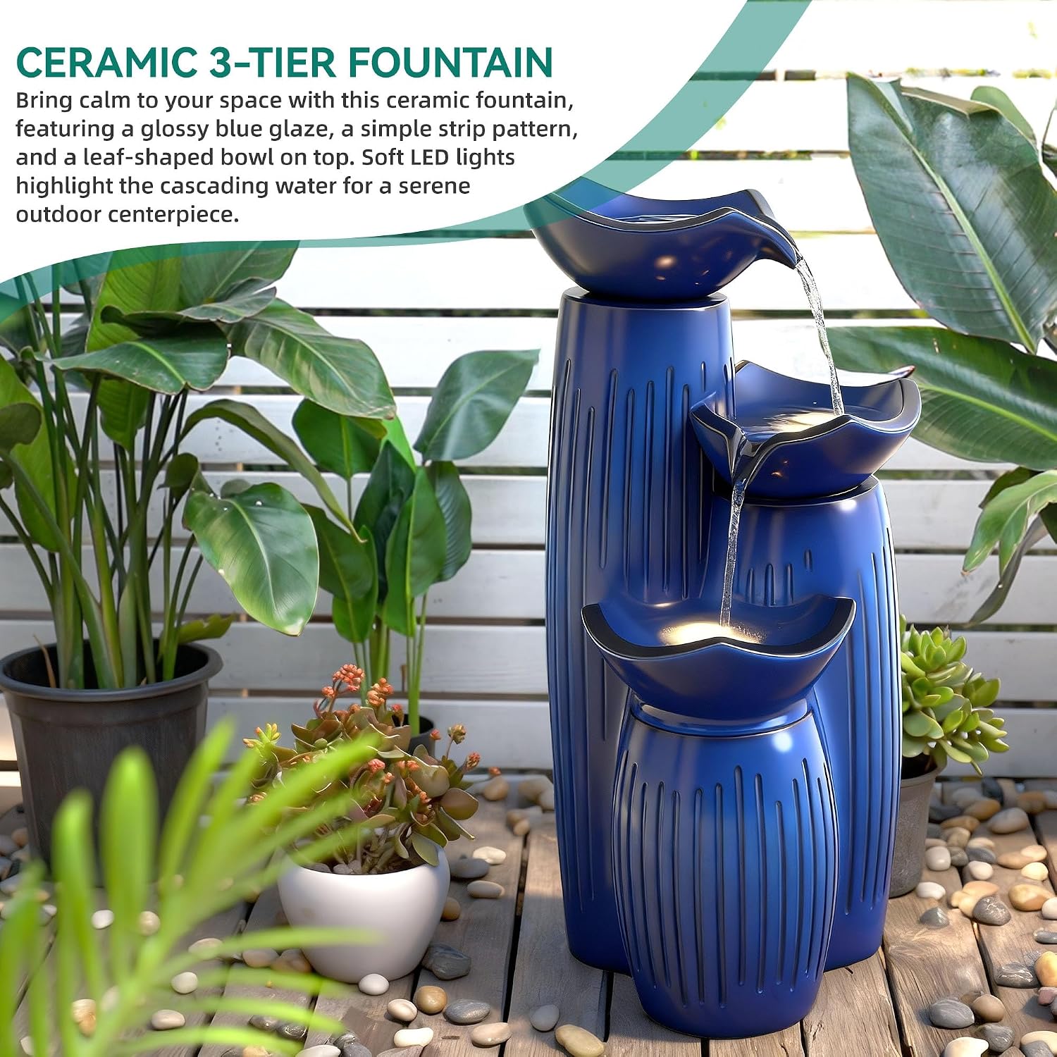 Modern Ceramic Outdoor Water Fountain with LED Lights, 30' 3-Tier Geometric Pedestal Water Feature with Fluted Texture, Relaxing Cascading Waterfalls for Garden Lawn Patio Yard Art Decor