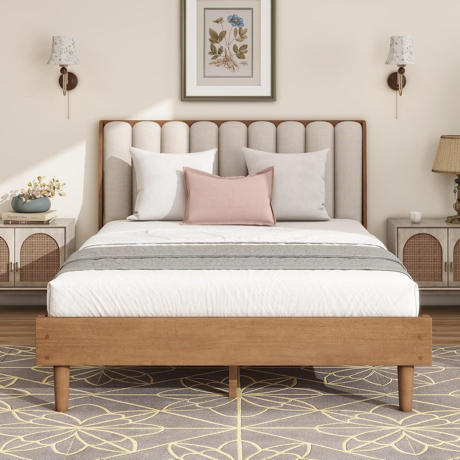 JIVOIT Queen Size Platform Bed with Piano Key Style Upholstered Headboard, Wood Bed with Strengthened Bed Frame, Wood Slats Support, No Box Spring Needed
