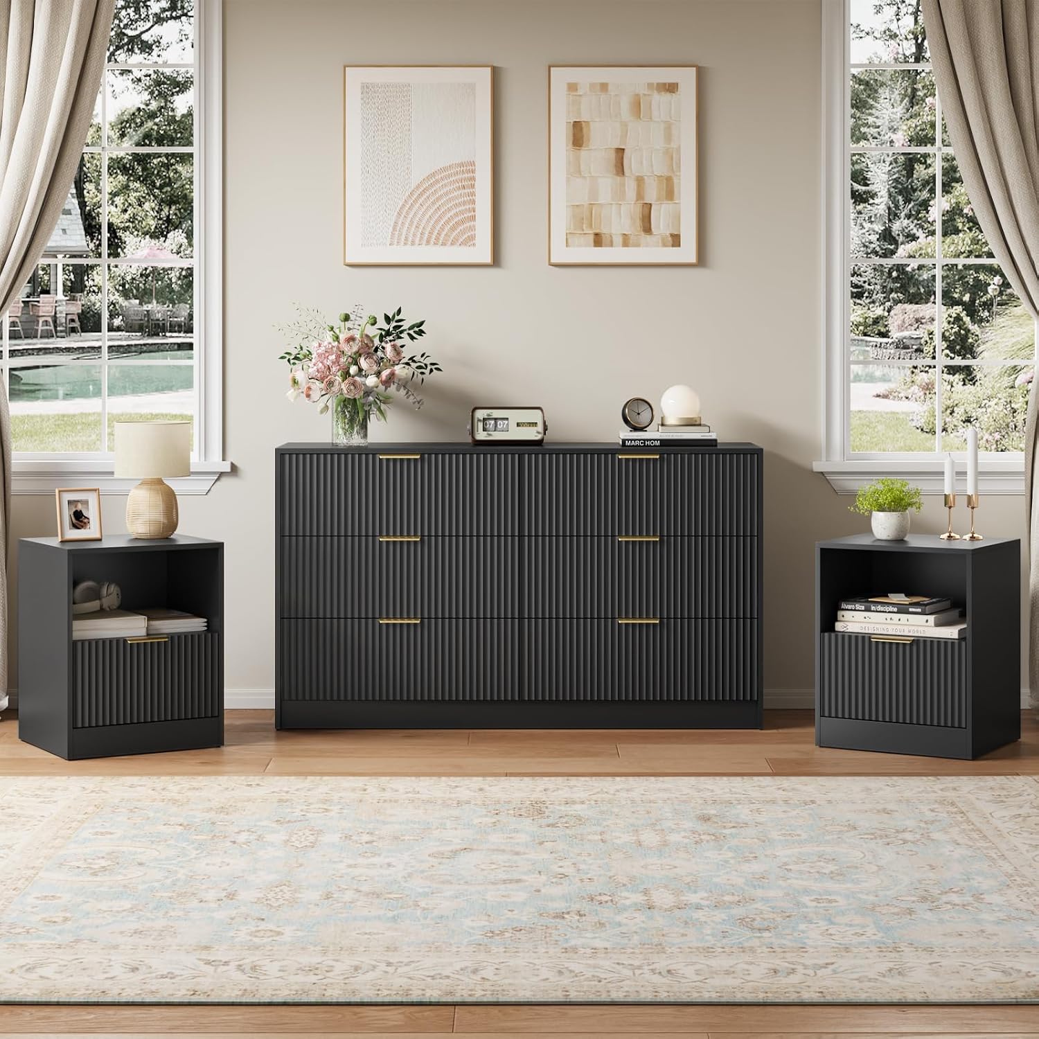 6 Drawer Dresser & Nightstand Set 3-Piece, 55' Wide Bedroom Set Night Stand Set of 2 with Metal Handle, Fluted Modern Wood Chest of Drawers Storage Dressers Set for Bedroom, Black