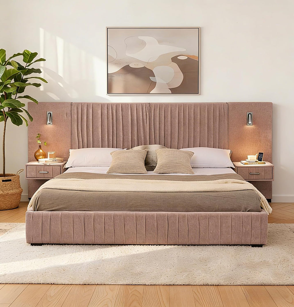 KEIKI Queen Size Chenille Bed Frame with 2 Nightstands, Lamps & Oversize Headboard, Solid Wood Frame Platform Night Stand Bedroom Set, Upholstered Floor Grounded Bed, No Box Spring Needed, Pink