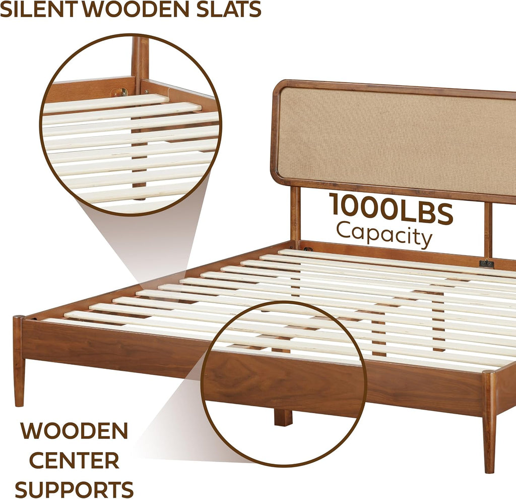 NTC Lupin Wooden Bed Frame with Headboard, Crafted from Walnut, Rubber Wood with Silent Slats and Wood Central Supports, 1000 Lb Capacity, Effortless Assembly, King - Dark Walnut
