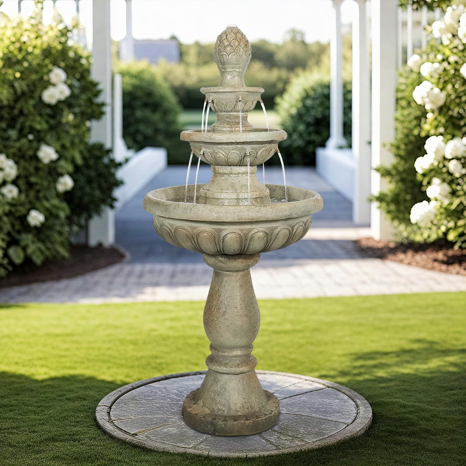 SunJet 42.5' High 3-Tiers Modern Concrete Outdoor Water Fountain - Round Large Outdoor Fountains and Waterfalls for Garden, Patio, Yard, and Deck Decor, Featuring Natural Stone Look