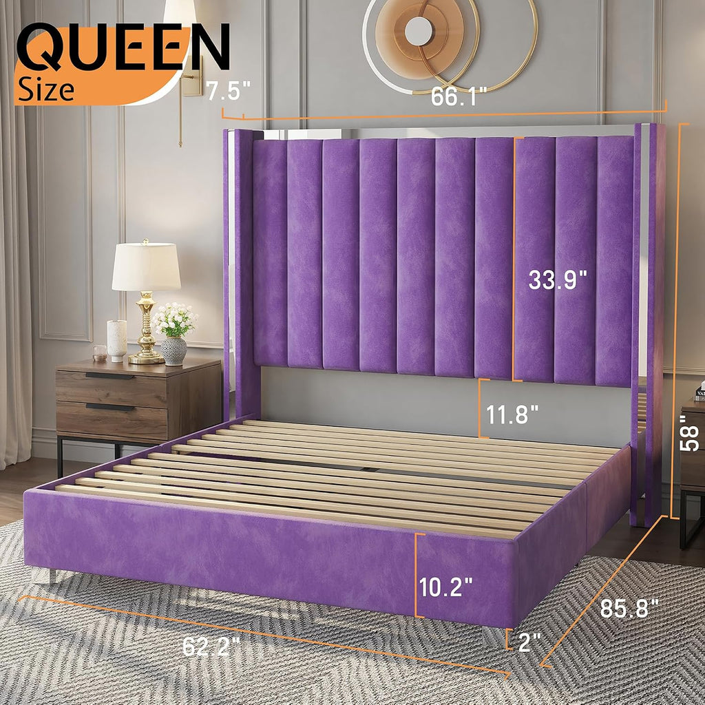 Jocisland Queen Bed Frame with 58' Tall Headboard, Velvet Upholstered Platform Bed with Channel Tufted Wingback Headboard and Plating Trim, No Box Spring Needed, Purple