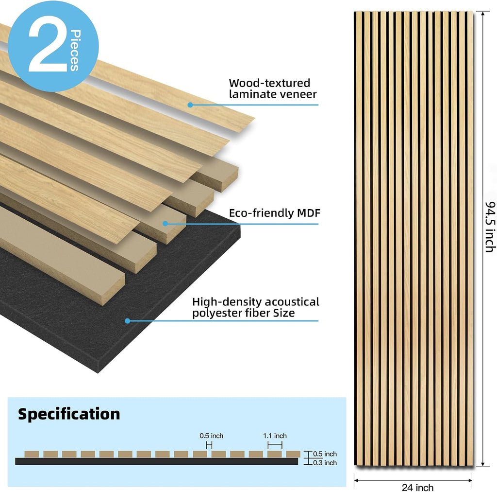 Art3d 2 Pack 94.5 x 24 inch Wood Slat Acoustic Panels for Wall & Ceiling - 31 sq.ft 3D Fluted Sound Absorbing Panel with Wood Finish, Oak