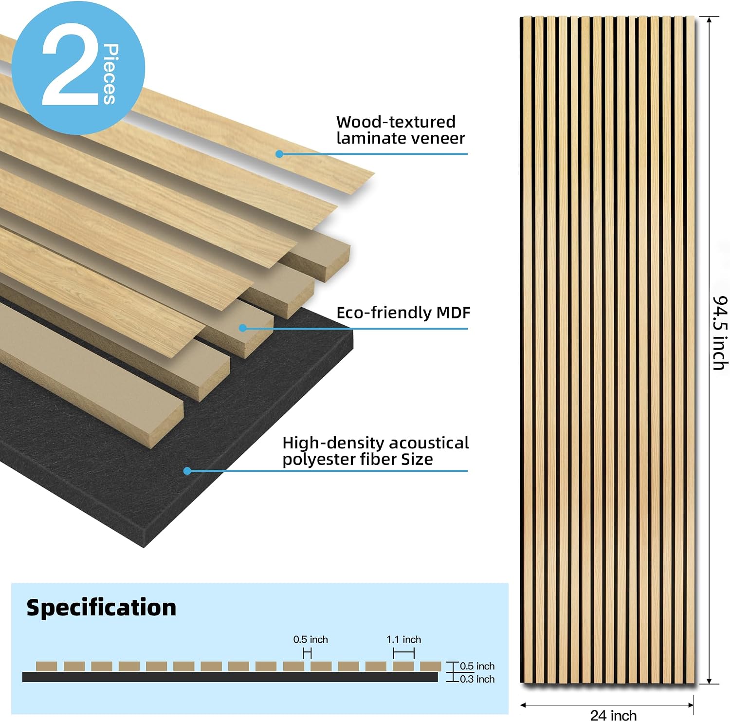 Art3d 2 Pack 94.5 x 24 inch Wood Slat Acoustic Panels for Wall & Ceiling - 31 sq.ft 3D Fluted Sound Absorbing Panel with Wood Finish, Oak