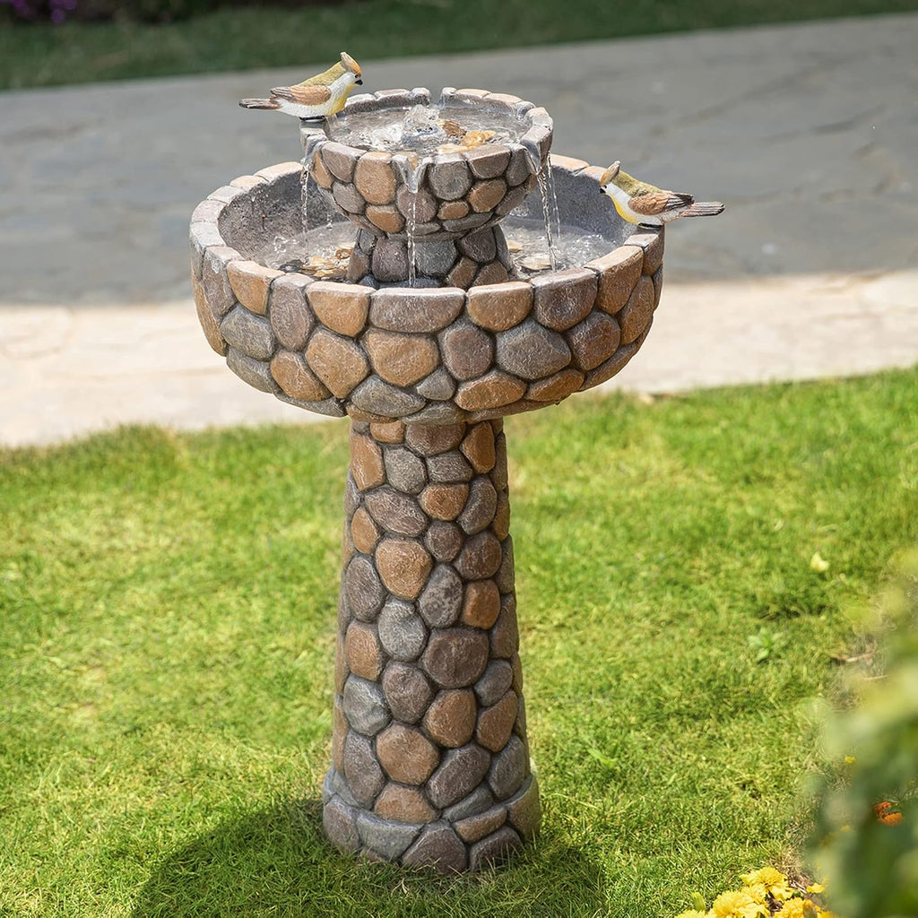 Glitzhome Water Fountain Outdoor with Birds Decor, 24.4'H 2-Tier Bird Bath Outdoor Fountain with Pump, Freestanding Garden Waterfall Fountains Water Feature