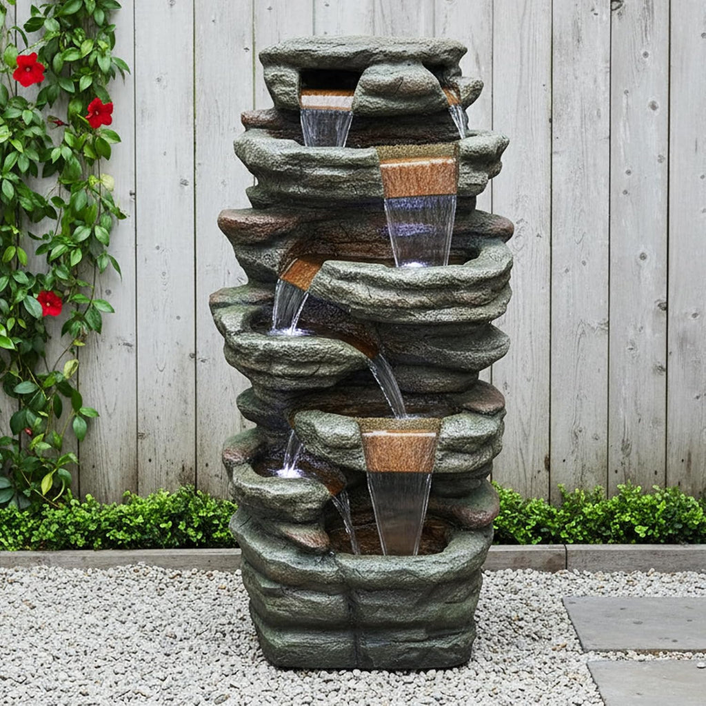 SunJet 48' High 7-Tiers Cascading Rock Outdoor Water Fountain with LED Lights - Large Outdoor Fountains and Waterfalls for Garden or Patio, Yard, and Deck Decor, Featuring Natural Stone Look