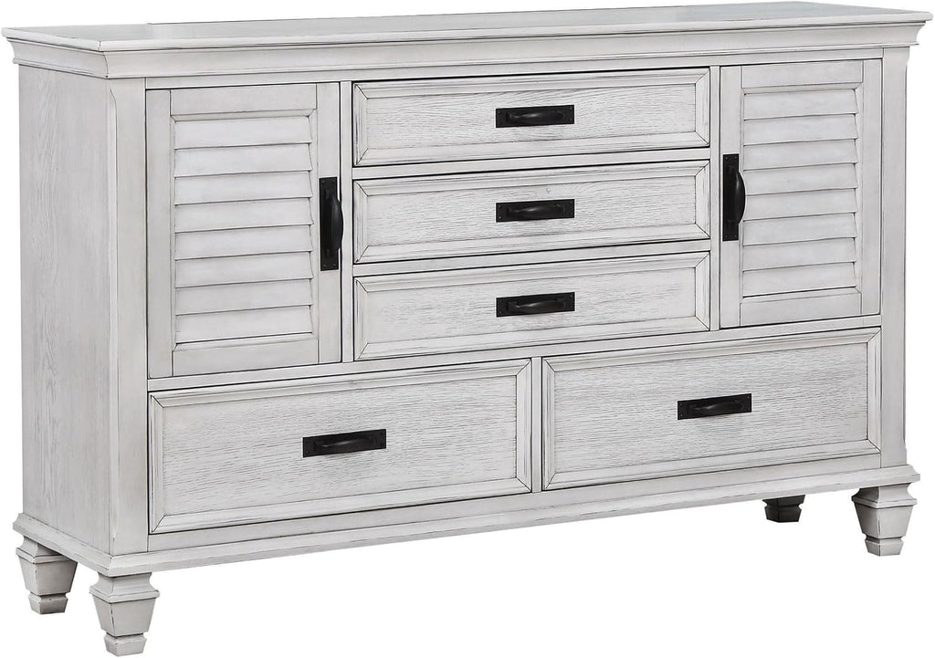 Coaster Home Furnishings Franco Farmhouse 5-Piece Bedroom Set Queen Size Panel Bed Frame 57-inch Headboard Distressed White 205331Q-S5
