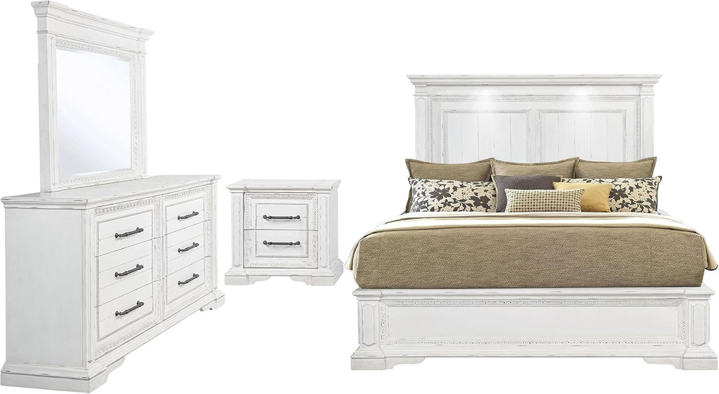 Coaster Home Furnishings - McKinney - Wood - 4-Piece Bedroom Set with Crown Moldings and USB Ports - Bedroom - Queen Size - Vintage White - 215871Q-S4