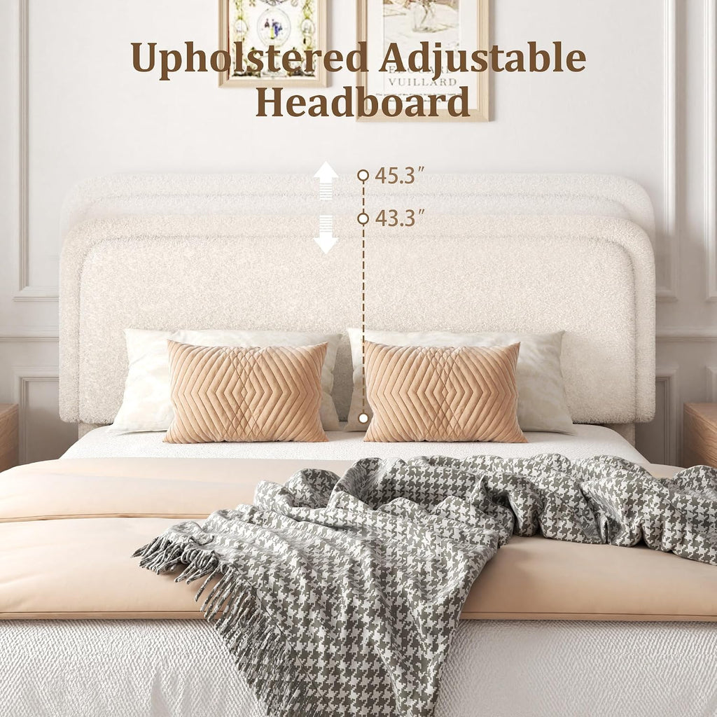 Full Size Boucle Bed Frame with Adjustable Headboard, Upholstered Cloud Platform Bed, Anti-Collision Soft Rounded Corners, No Box Spring Needed, Easy Assembly, Noise Free, Beige
