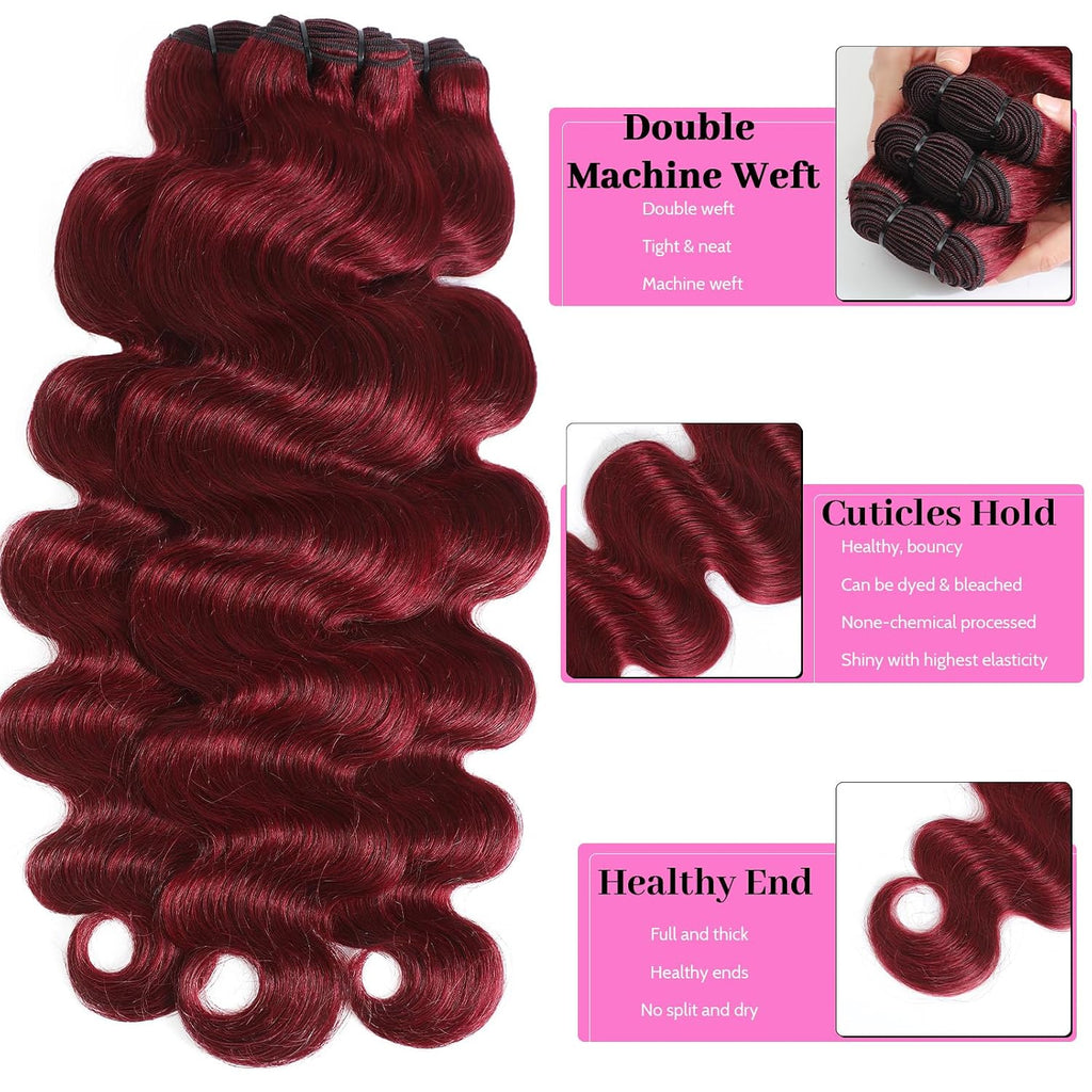 99J Red Body Wave Human Hair Bundles 15A Raw Indian Hair Bundle burgundy Body Wave Bundles Hair Extensions(3 bundles 14 16 18)