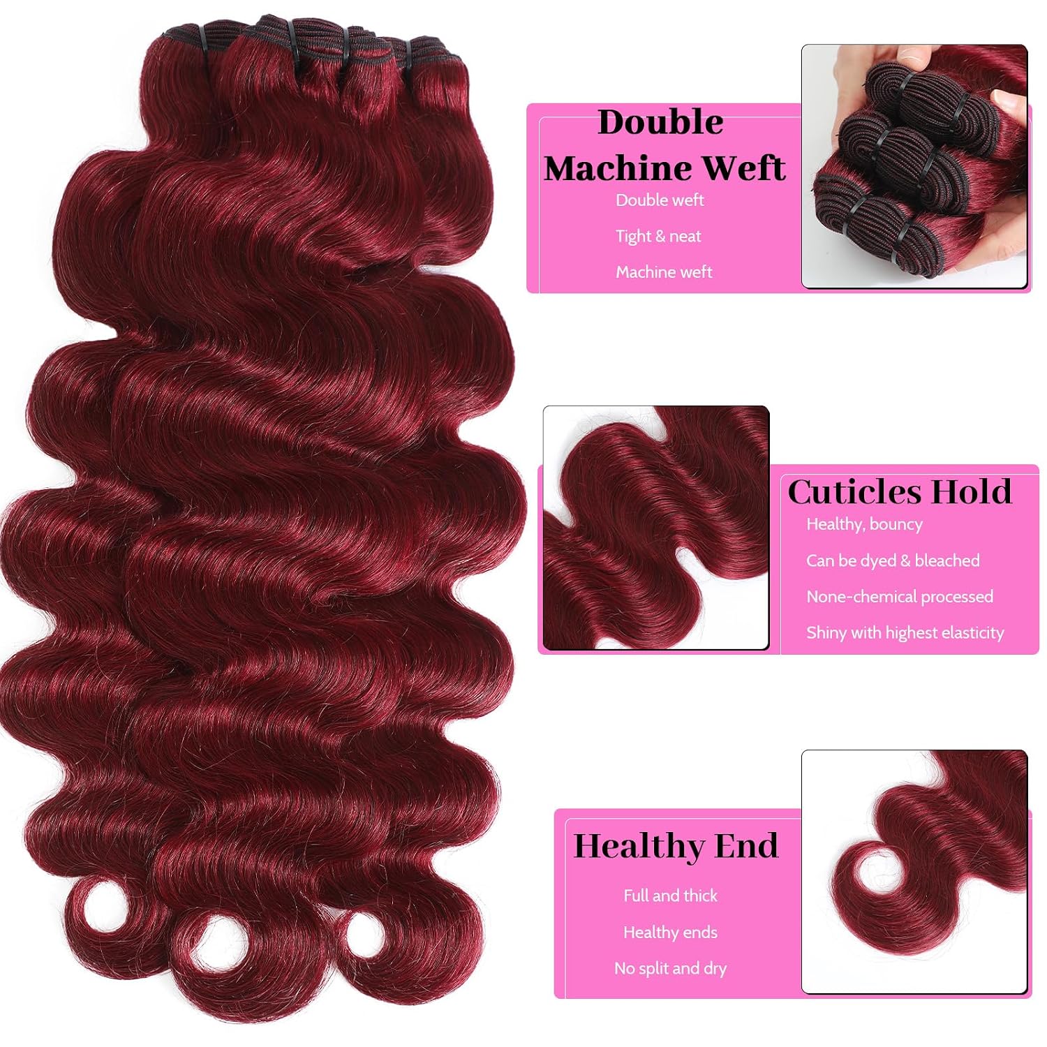 99J Red Body Wave Human Hair Bundles 15A Raw Indian Hair Bundle burgundy Body Wave Bundles Hair Extensions(3 bundles 14 16 18)