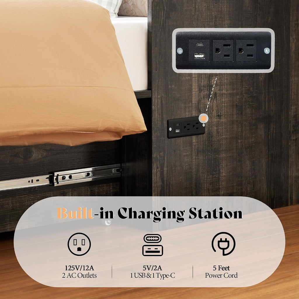 AMERLIFE Queen Murphy Bed Cabinet with Charging Station and Storage, Farmhouse Foldable Platform Bed for Guest Room, Office, Small Spaces, Black Oak