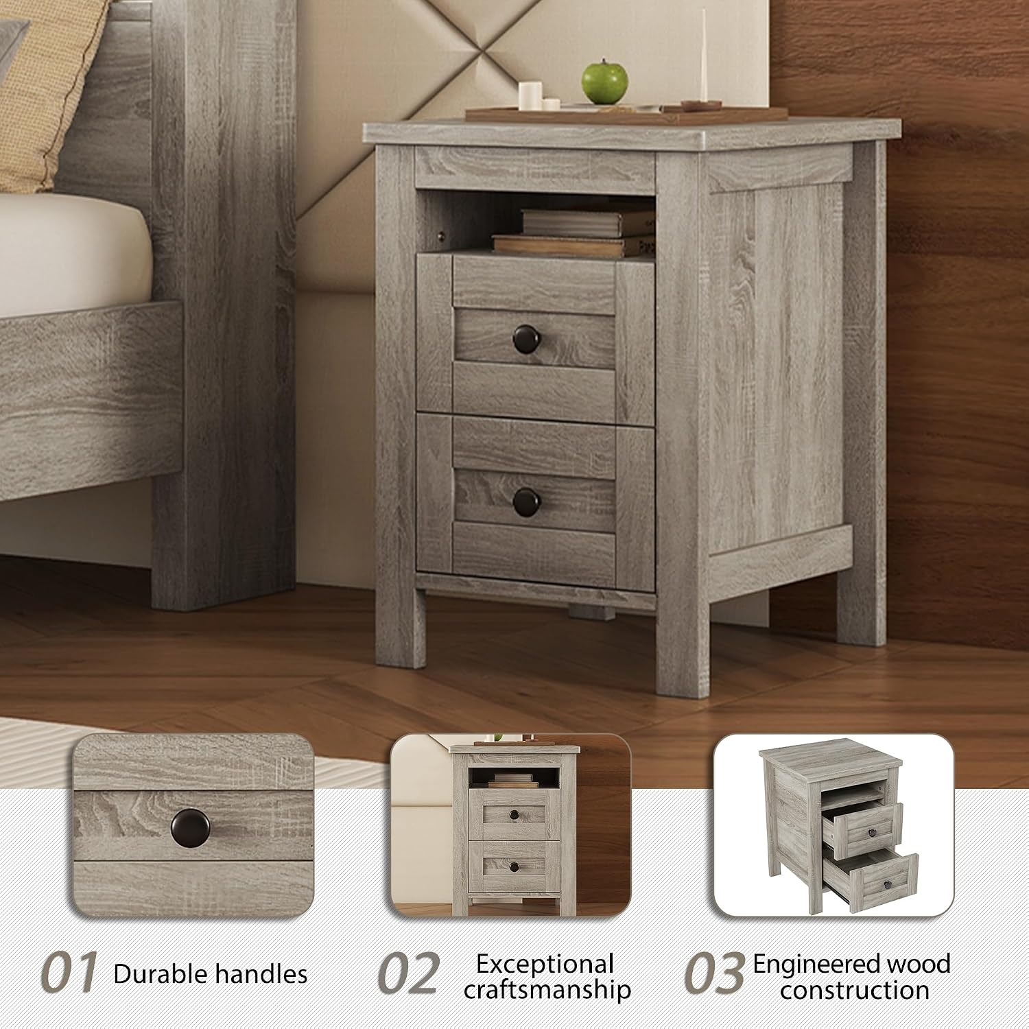Farmhouse Bedroom Set 3 Pieces, Queen Size Wood Platform Bed Frame, Nightstand and Dressing Table, Queen Bedframe with Double Sliding Door Headboard and Charging Station (Antique Gray, Queen)