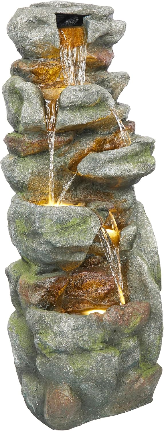 Alpine Corporation 39' Tall Outdoor Mult-itiered Elegant Rock Look Waterfalls Floor Fountain with LED Lights, Gray