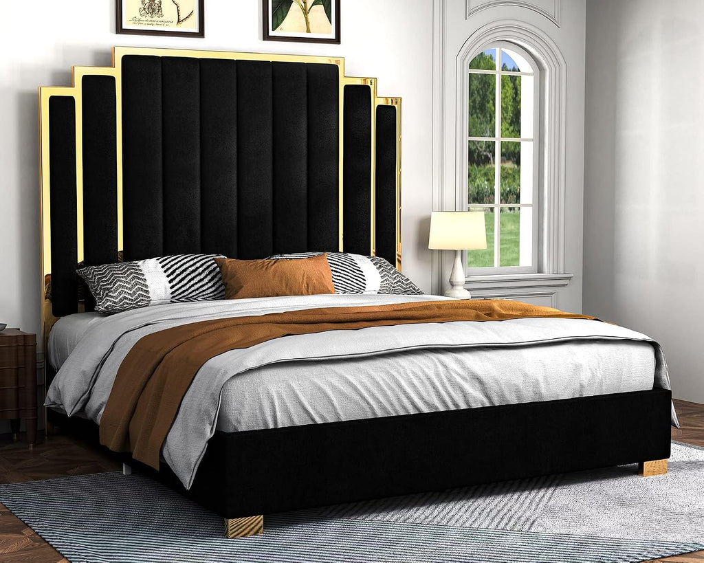 Albott California King Size Platform Bed Frame, 65' Velvet Upholstered Bed with Gold Trim Headboard/Wooden Slats/No Box Spring Needed/Black