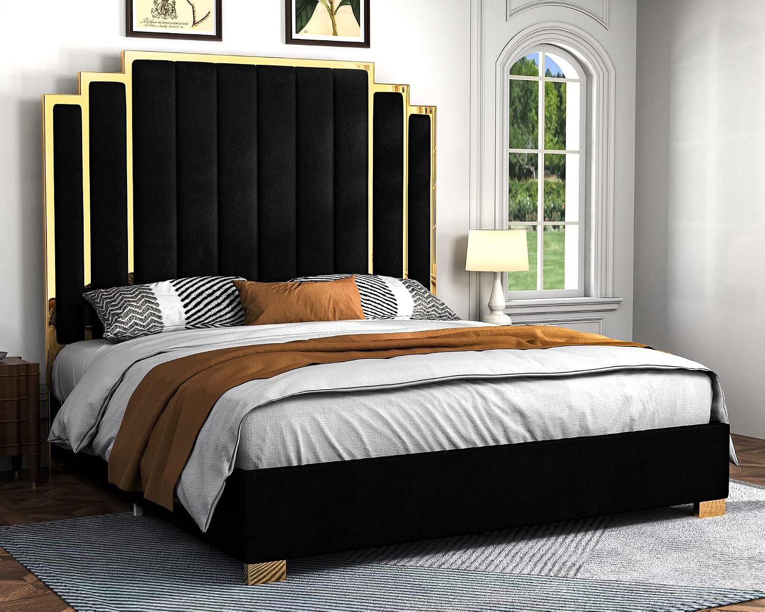 Albott California King Size Platform Bed Frame, 65' Velvet Upholstered Bed with Gold Trim Headboard/Wooden Slats/No Box Spring Needed/Black