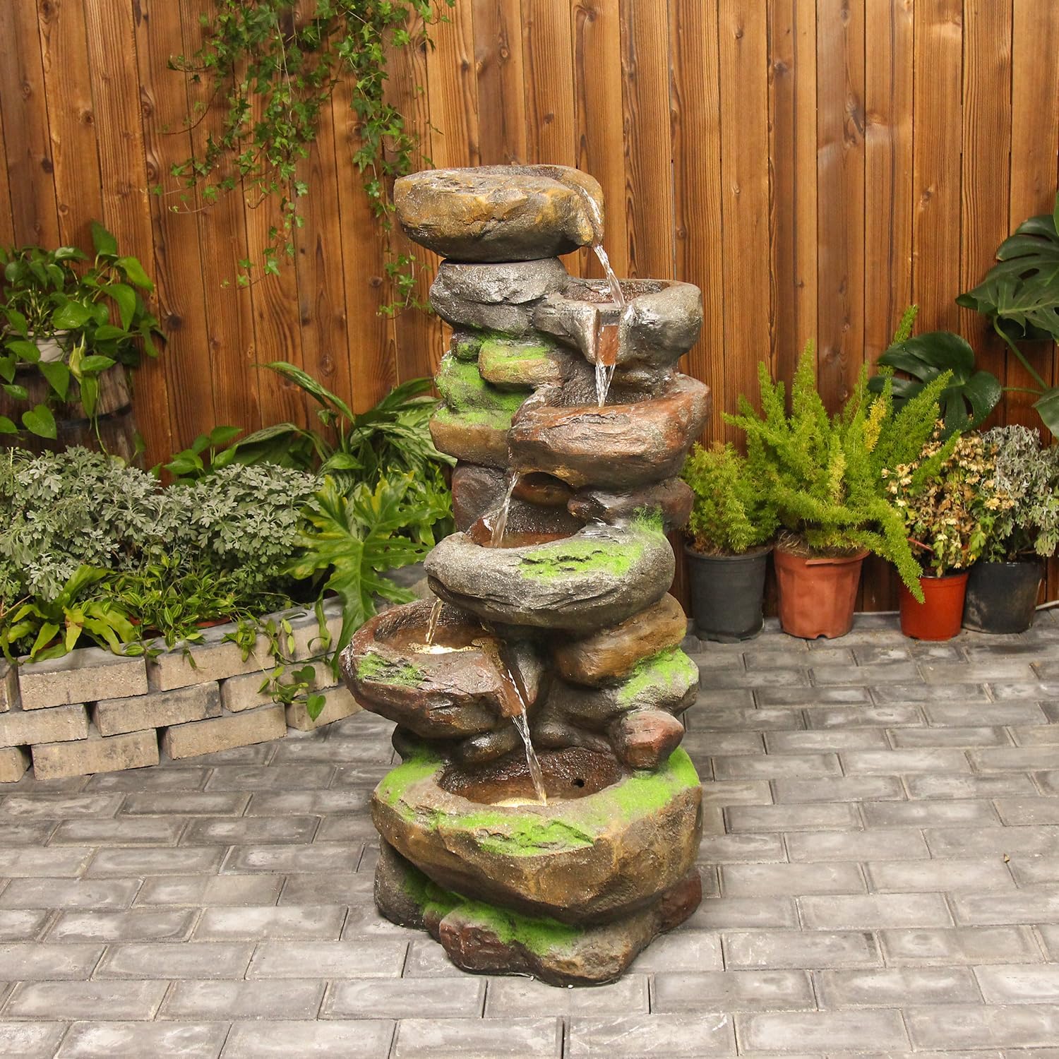 YZM 37.4' H 6-Tiers Cascading Rock Outdoor Water Fountain with LED Lights Outdoor Fountains and Waterfalls for Garden Patio Yard Deck Decor with Natural Stone Look