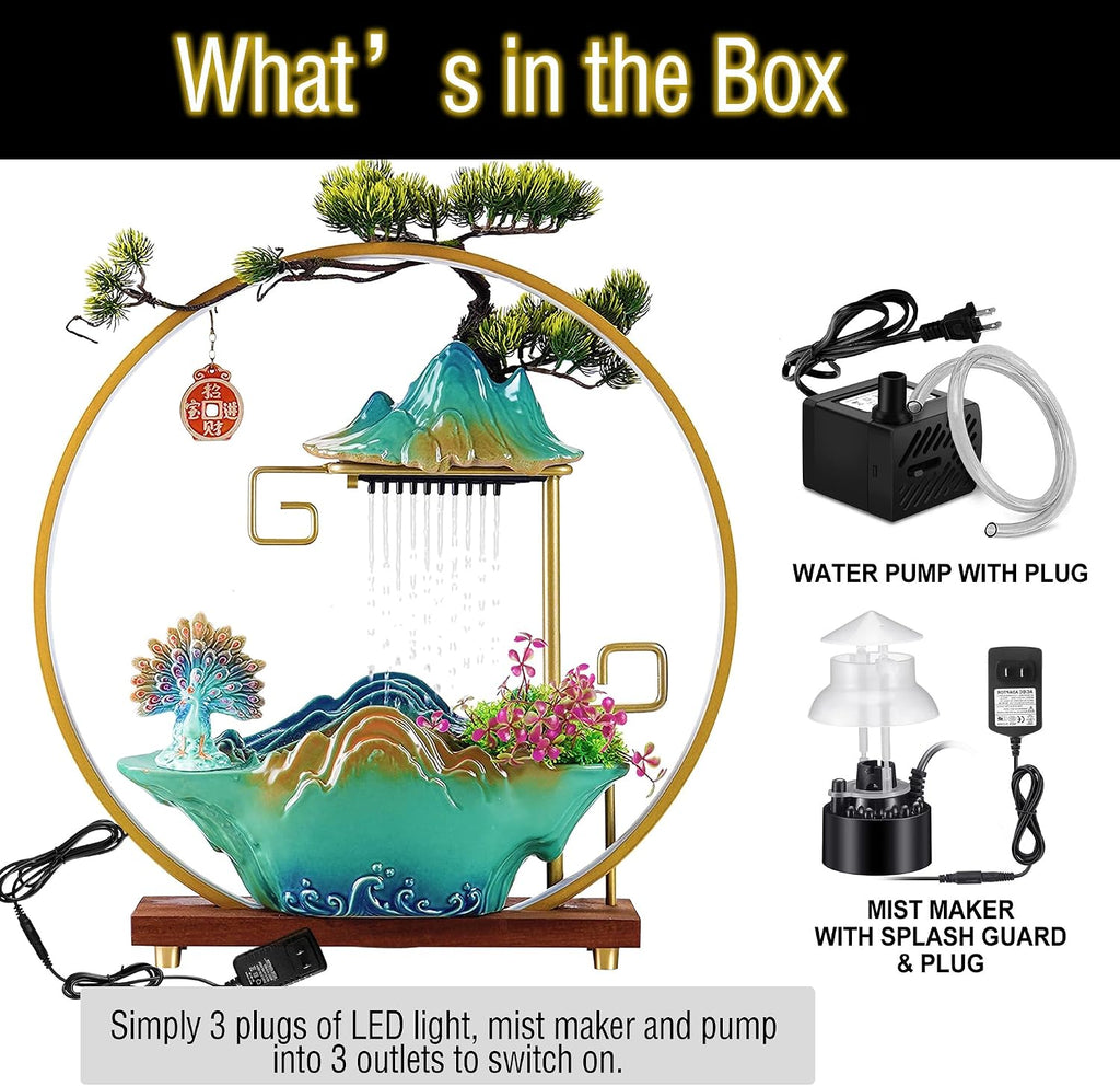 Tabletop Water Fountains Indoor Waterfall Desktop Fountain for Meditation with Mist Japanese Fountain with Fake Plants Feng Shui Office Home Decor for Good Luck Wealth (Peacock)