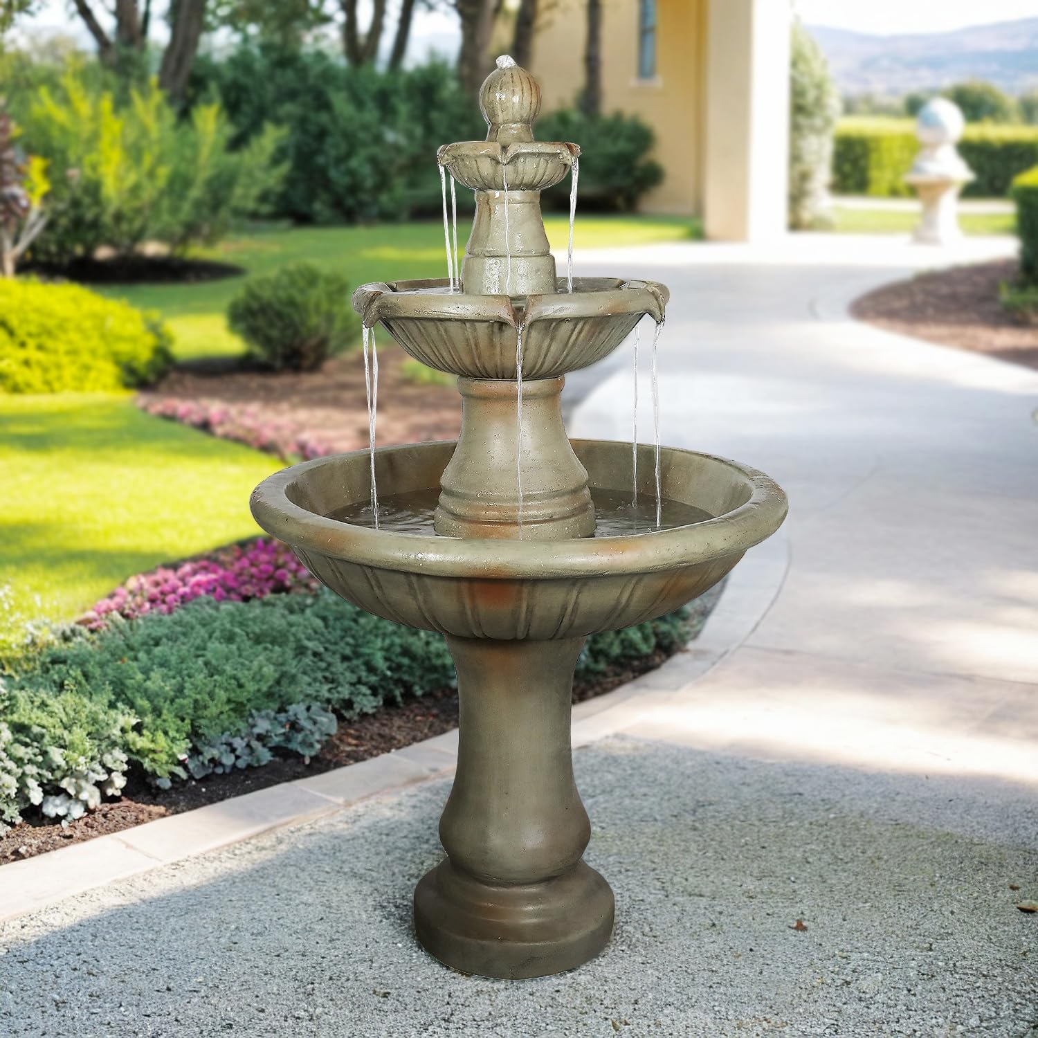 SunJet 51.5' High 3-Tiers Modern Concrete Outdoor Water Fountain - Round Large Outdoor Fountains and Waterfalls for Garden, Patio, Yard, and Deck Decor, Featuring Natural Stone Look