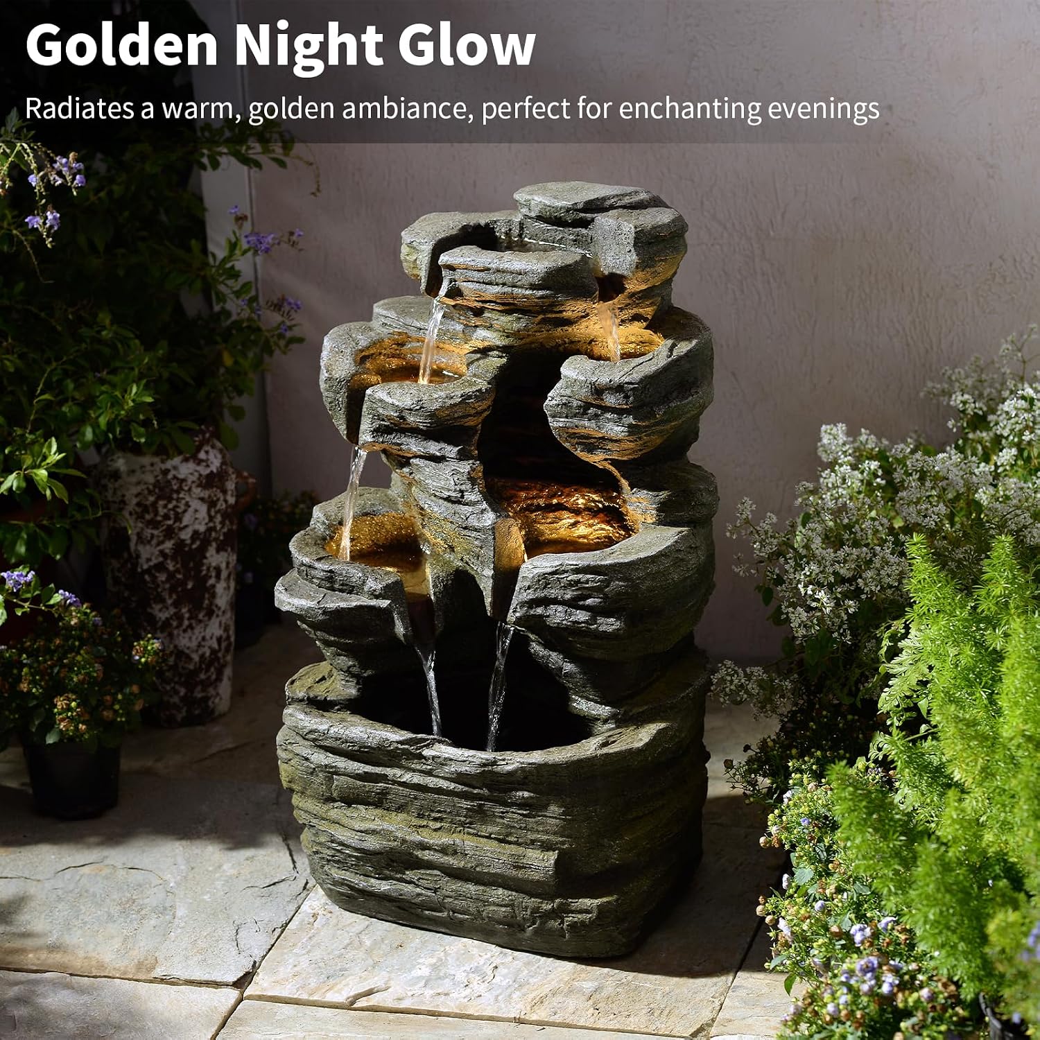 Bumilgar 6-Tier Cascading Rock Water Fountain Outdoor Garden Waterfall Decor for Garden, Patio, Backyard, Deck, Porch and Home Art Decor,24.4' H Outdoor Fountain with Lights