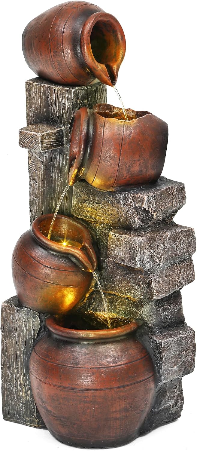 31.5' H Outdoor Water Fountain with LED Lights and Pump, Cascading Pitchers Farmhouse Garden Fountain Waterfall for Patio, Porch, or Yard