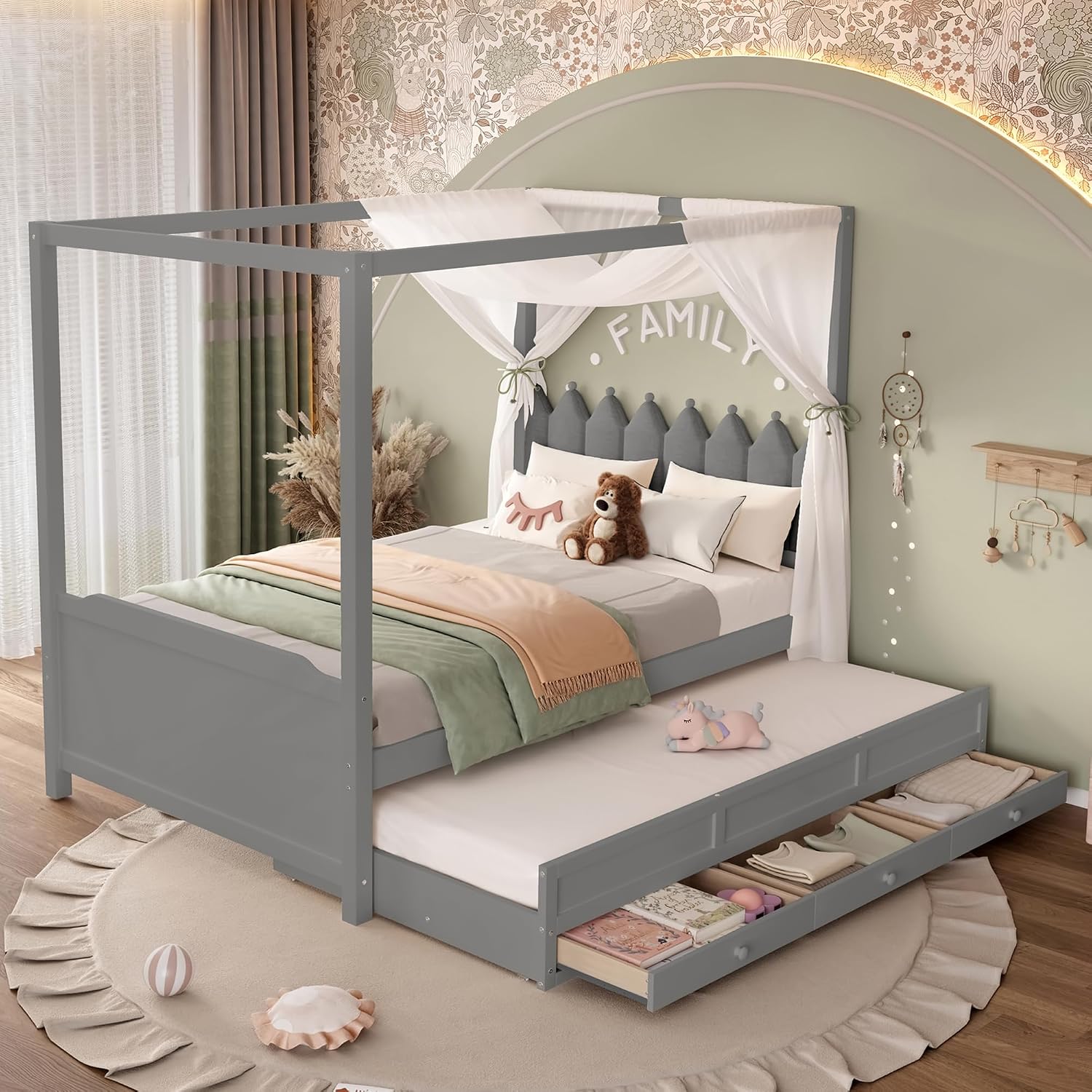 Full Size Wood Canopy Bed with Upholstered Headboard, Twin Size Trundle and 3 Drawers, No Box Spring Needed (Gray, Full)