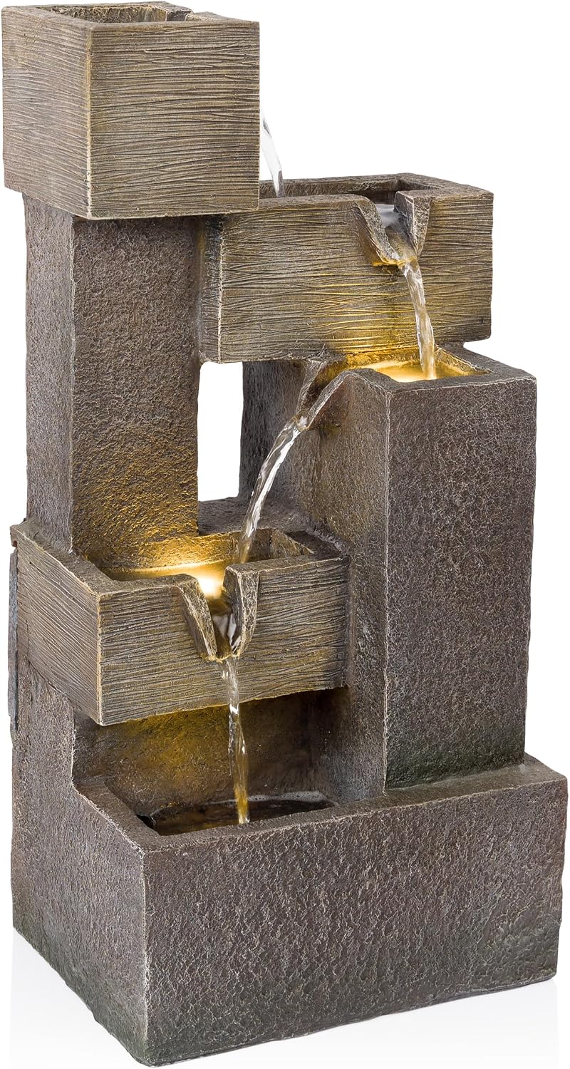 Alpine Corporation ZDQ110 19' Indoor/Outdoor Multi-Tier Water Fountain with LED Lights – Cascading Waterfall Feature for Gardens, Patios, Yards, and Home Décor, Gray