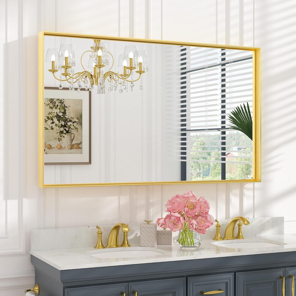 Keonjinn Gold Bathroom Mirror 48 x 30 Inch, Large Gold Trimmed Wall Mirror, Metal Framed Mirrors for Over Sink, Modern Farmhouse Rectangle Vanity Mirrors(Horizontal/Vertical)