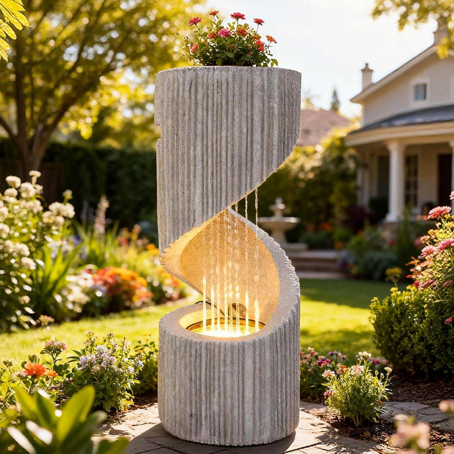 30' H Outdoor Water Fountain with LED Light, S-Shaped Modern Curved Outdoor Fountain, Spiral Column Fountain, Decorative Waterfall Feature with Flat Top Plant Display for Garden, Patio Decor