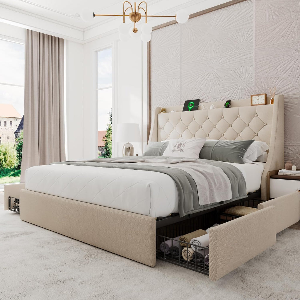 Einhomn Upholstered Queen Bed Frame with 4 Storage Drawers, Modern Platform Bed with Wingback Headboard, Charging Station, No Box Spring Needed, Beige