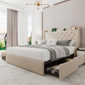 Einhomn Upholstered Queen Bed Frame with 4 Storage Drawers, Modern Platform Bed with Wingback Headboard, Charging Station, No Box Spring Needed, Beige