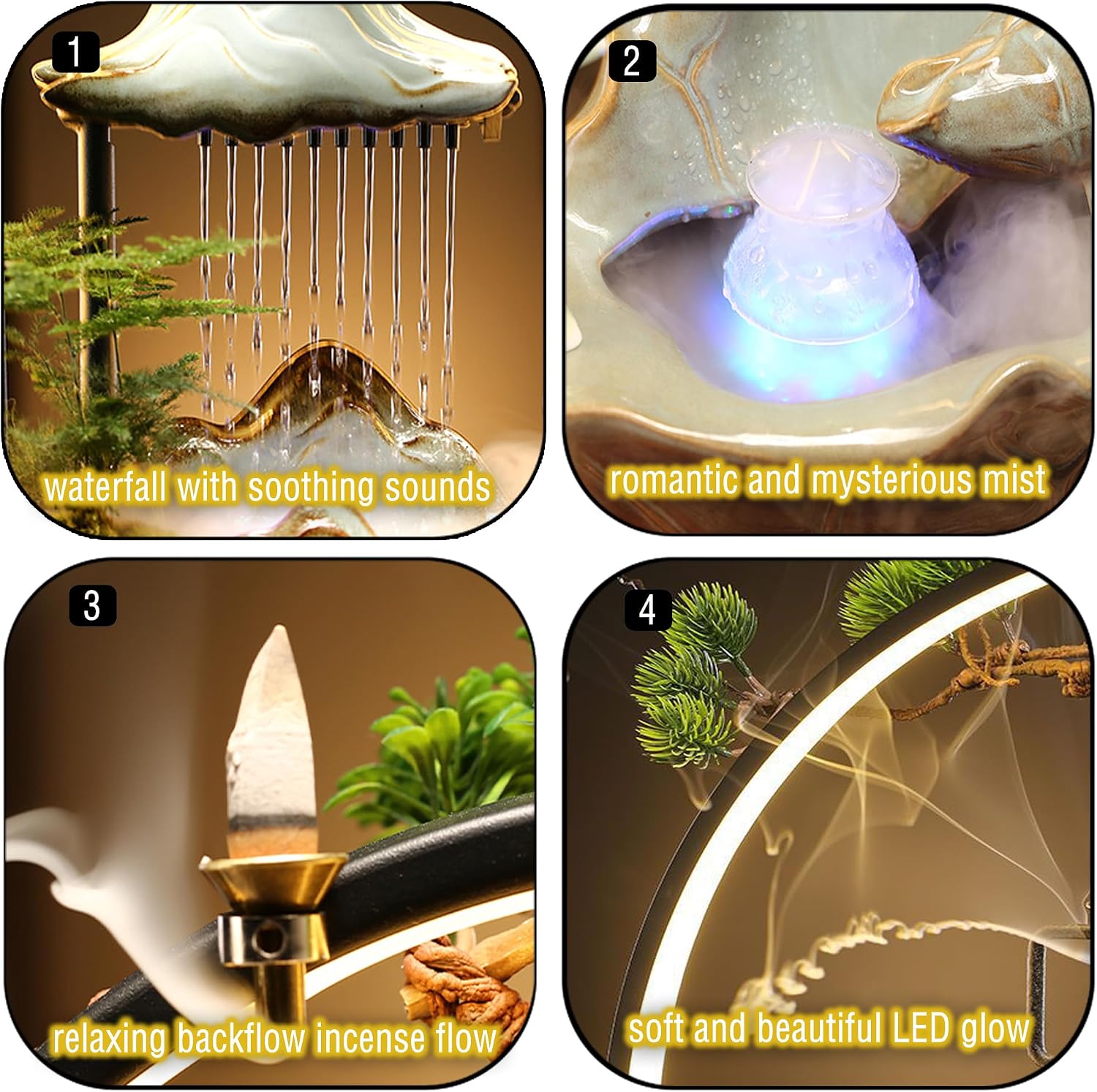 Crane Tabletop Fountain Indoor Waterfall Fountain Office Tabletop Water Fountain with Lights Backflow Incense Burner Ceramic Indoor Zen Decor for Home Office Yoga Meditation(Crane)