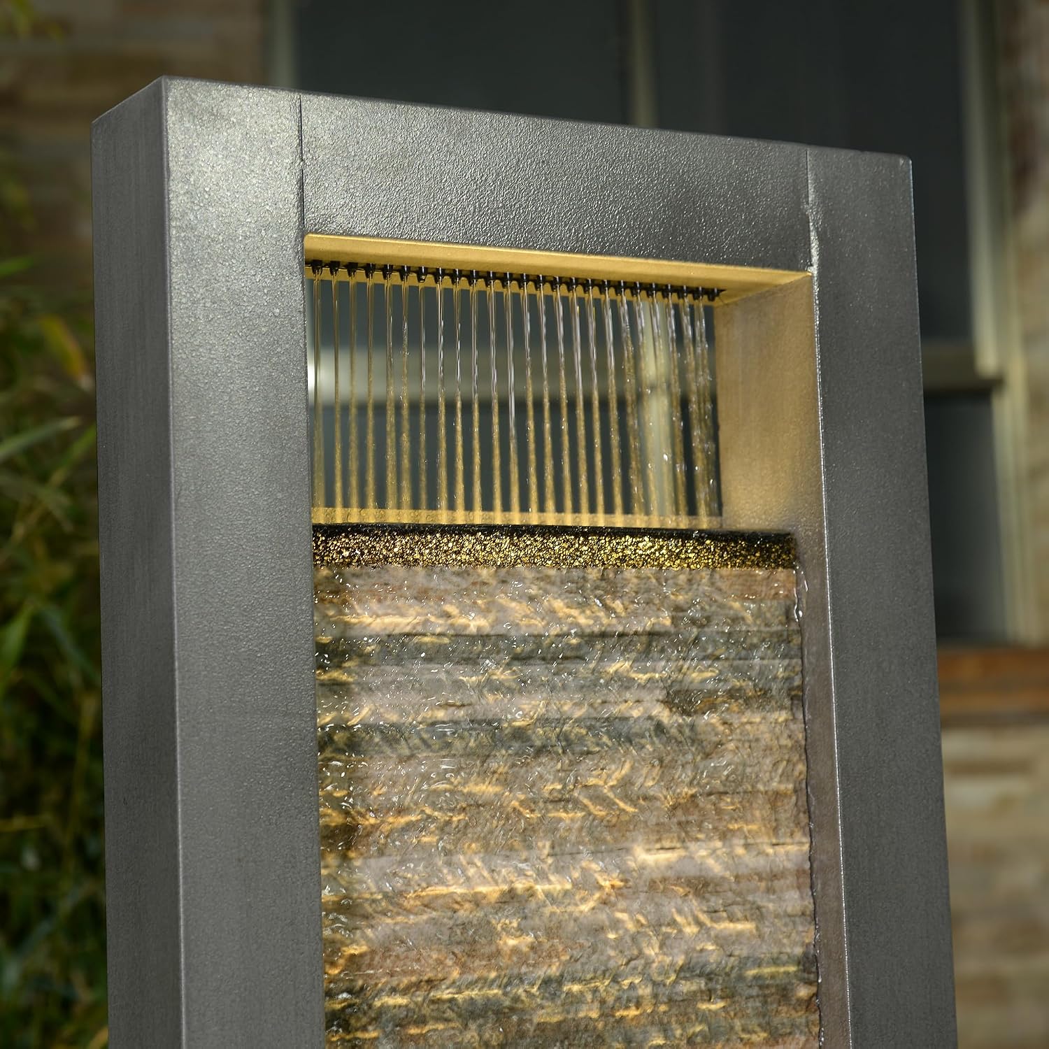 Zen Garden Metal Fountain with Stone Brick Accent - Tranquil Harmony