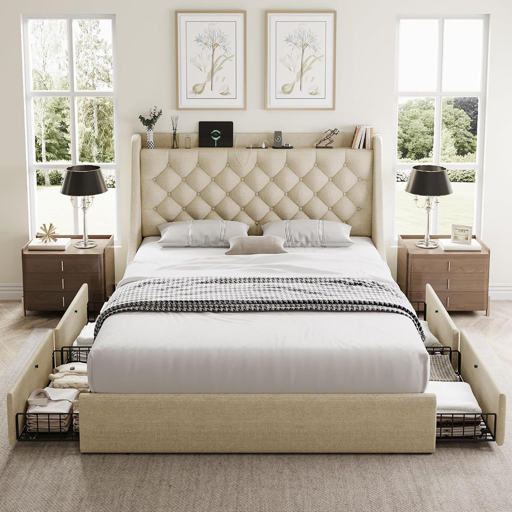 GalnFu Queen Bed Frame with 4 Storage Drawers, Huge Upholstered Wingback Headboard, Fast Charging Station, No Box Spring Needed, Noise-Free, Beige