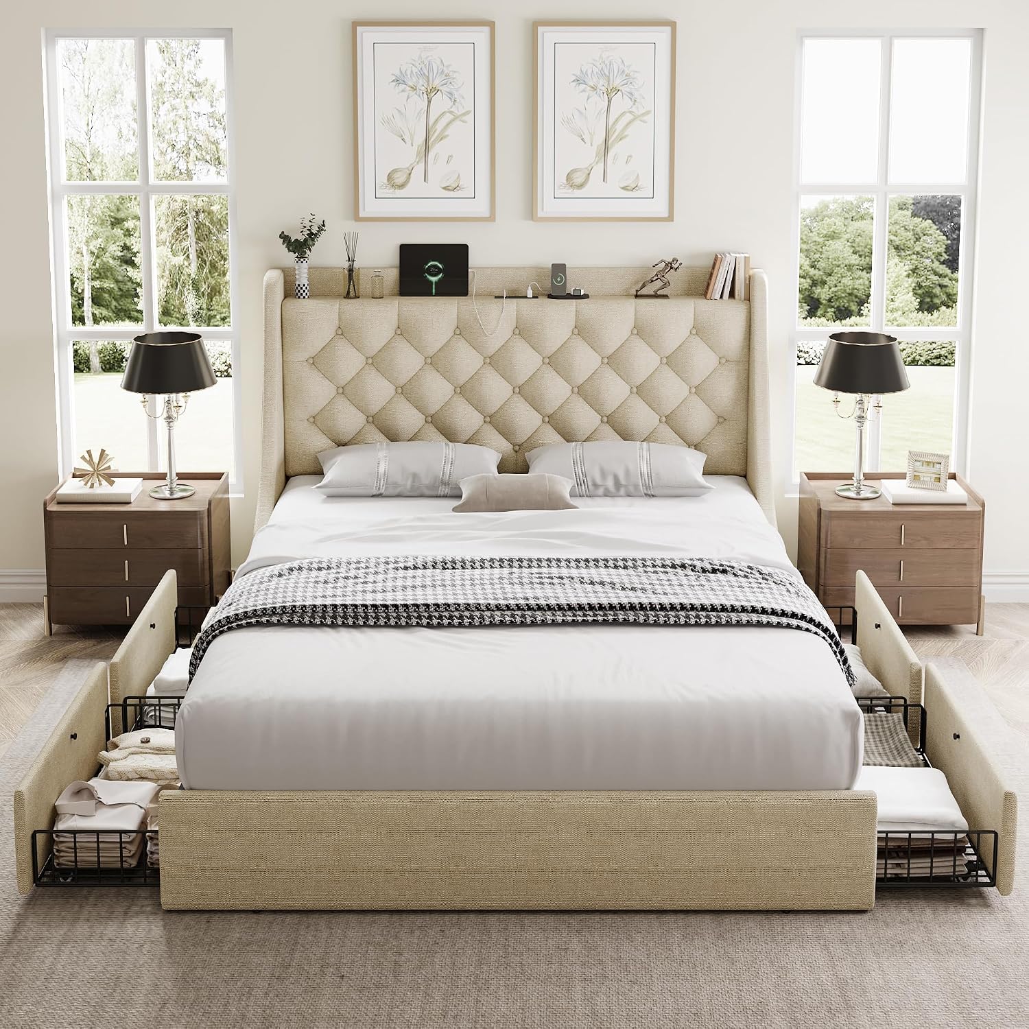 GalnFu Queen Bed Frame with 4 Storage Drawers, Huge Upholstered Wingback Headboard, Fast Charging Station, No Box Spring Needed, Noise-Free, Beige