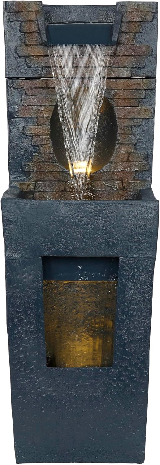 Alpine Corporation TZL398 40' Stone Wall Cascading Fountain with LED Lights, Elegant Outdoor Water Feature for Garden, Patio, Backyard & Home Decor, Relaxing Waterfall Fountain, Gray
