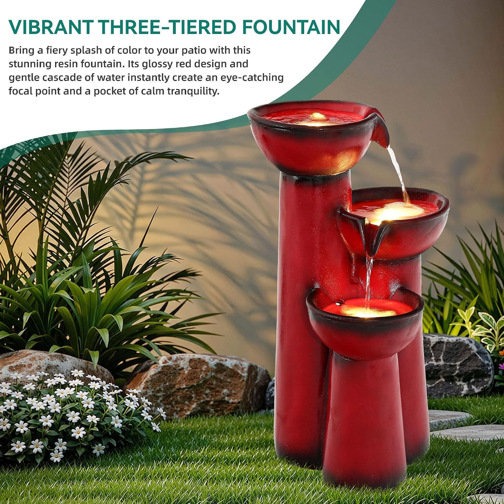 27' Outdoor Water Fountain with LED Lights, 3-Tier Cascading Faux Ceramic Column Water Feature with Pump for Garden Patio Backyard, Weather-Resistant Resin Waterfall for Serene Oasis, Red