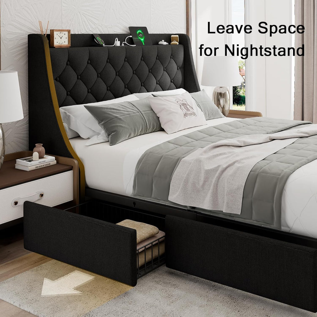 Einhomn Queen Bed Frame with 4 Storage Drawers, Upholstered Modern Bed Frame with Wingback Headboard, Charging Station, No Box Spring Needed, Easy Assembly, Black