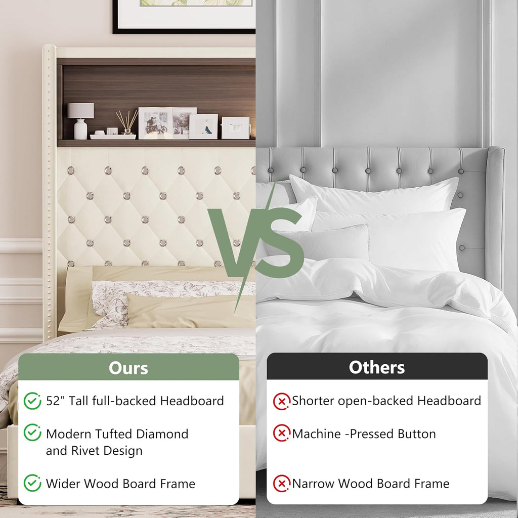 Queen Size Bed Frame with Storage, Velvet Tufted Soft Bed Frame with 52'' High Headboard with Rivet Decoration, Wing-back Platform Bed with Headboard Shelf, No Box Spring Needed (Beige,Queen,42)