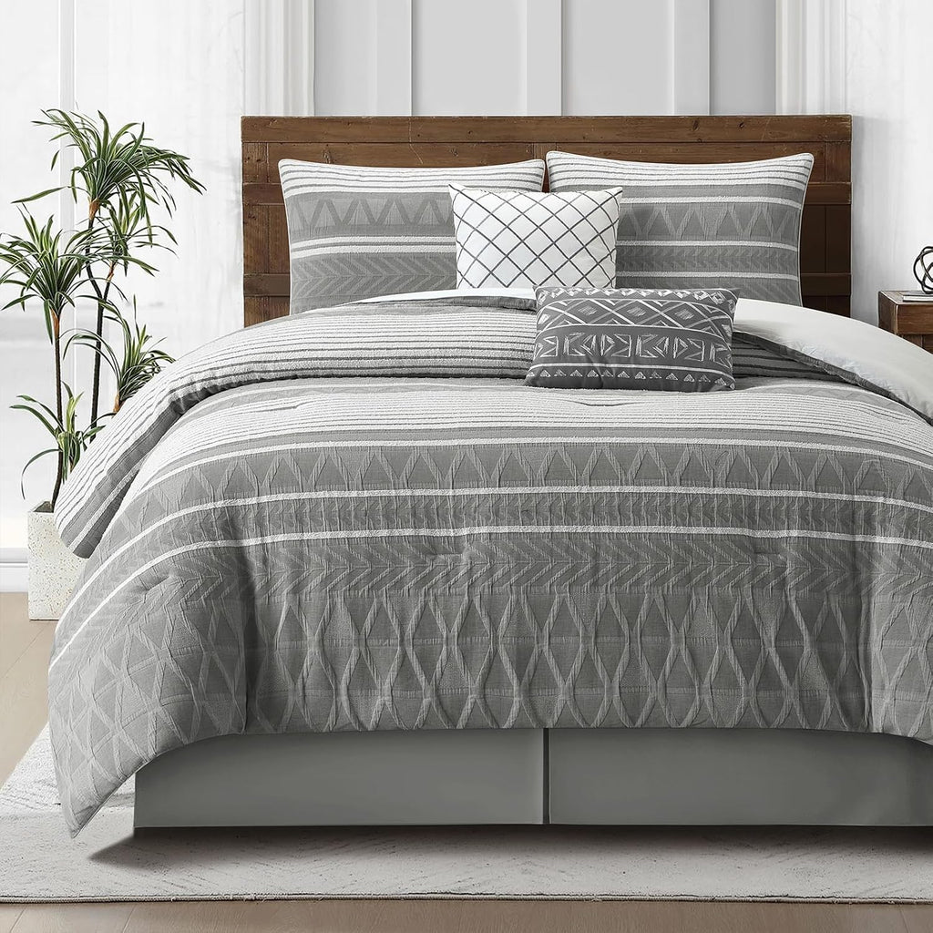 LANCO MODERN LIFESTYLE Cotton Comforter Set Queen, Gorgeous Geometric Jacquard, Grey Soft Lightweight Bedding Set for All Seasons, 6 Pieces with Bedskirt, Pillow Shams and Decor Pillows