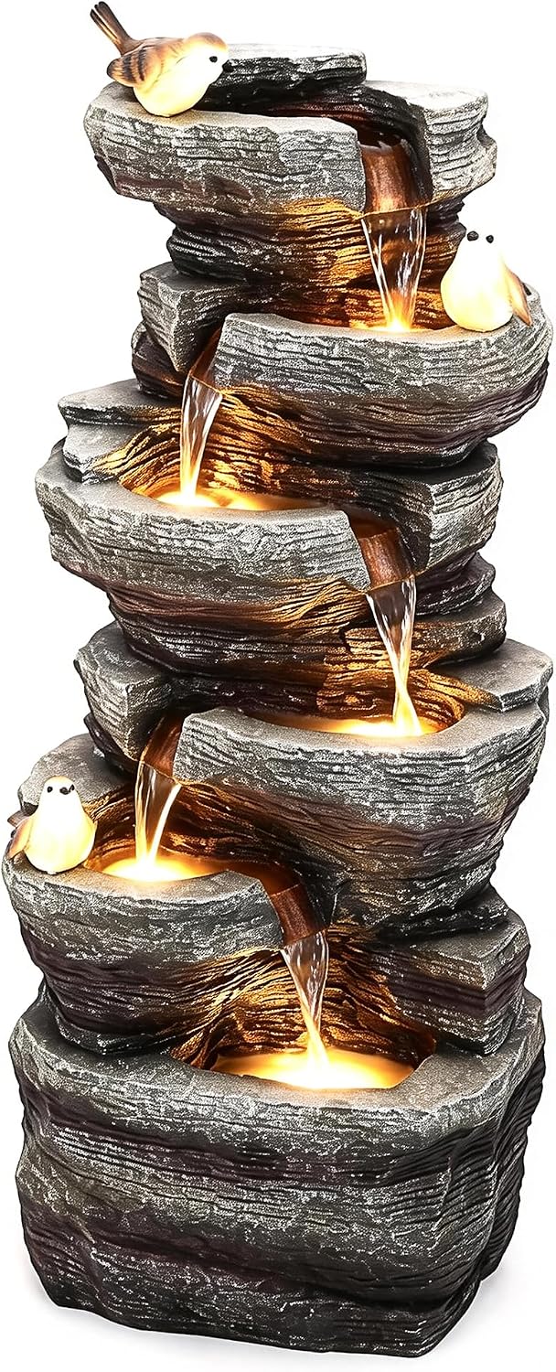 40' H Extra-Large Rock Outdoor Water Fountain with LED Lights, 6-Tier Cascading Stone Waterfall with Birds for Garden Patio Porch, Weather-Resistant Polyresin Water Feature for Tranquil Oasis