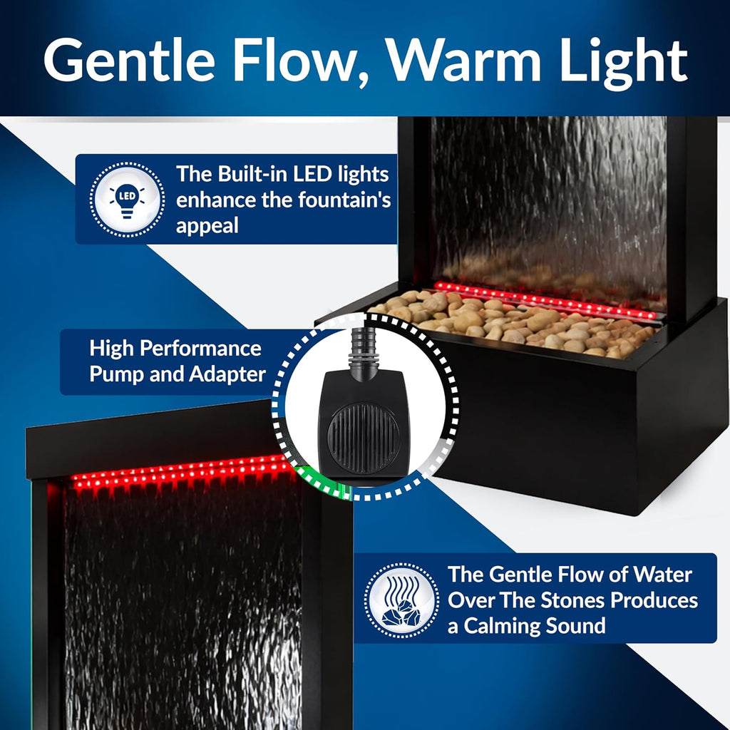 Alpine Corporation MLT174S‑MC Waterfall Fountain – Plug in Indoor Fountain with Black‑Framed Glass, Cascading Water, Floor Feature & Multi‑Color LED Lights, 48'