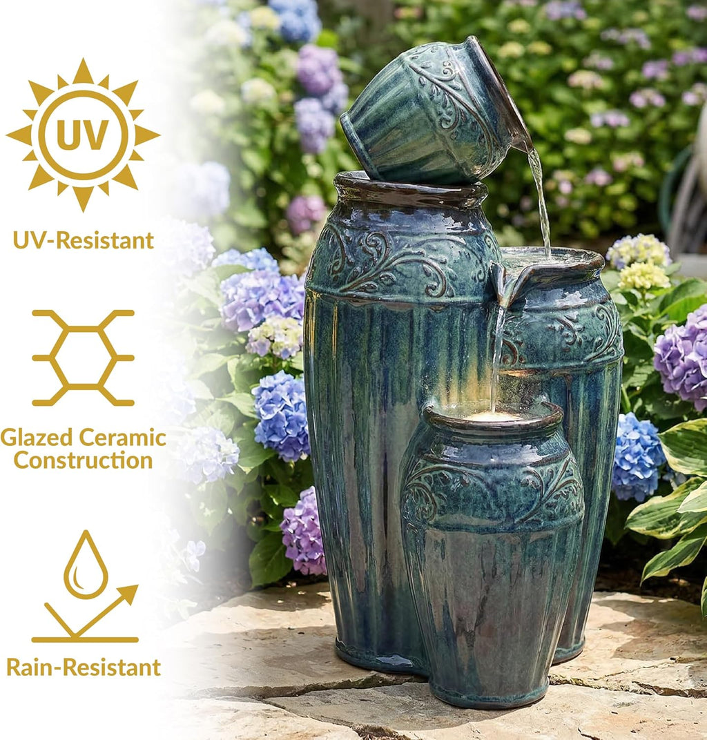 Sunnydaze Tour de Vase Ceramic 27-Inch Outdoor Water Fountain - LED Lights - Electric Submersible Pump with Adjustable Flow