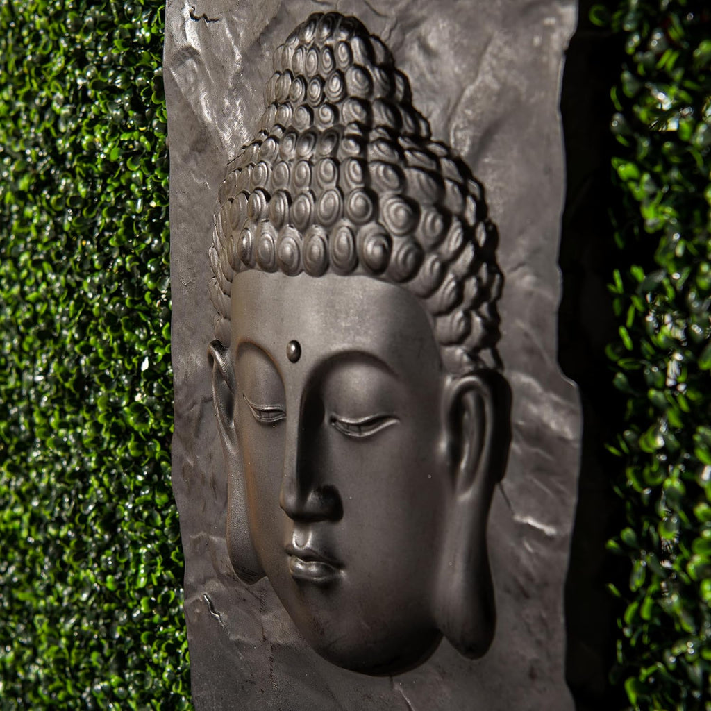 XBrand 30 in H Buddha Zen Indoor/Outdoor Wall Water Fountain, Cascading Resin Garden Fountain with Warm LED Light, Soothing Water Feature for Patio, Porch, Backyard or Meditation Decor, Black
