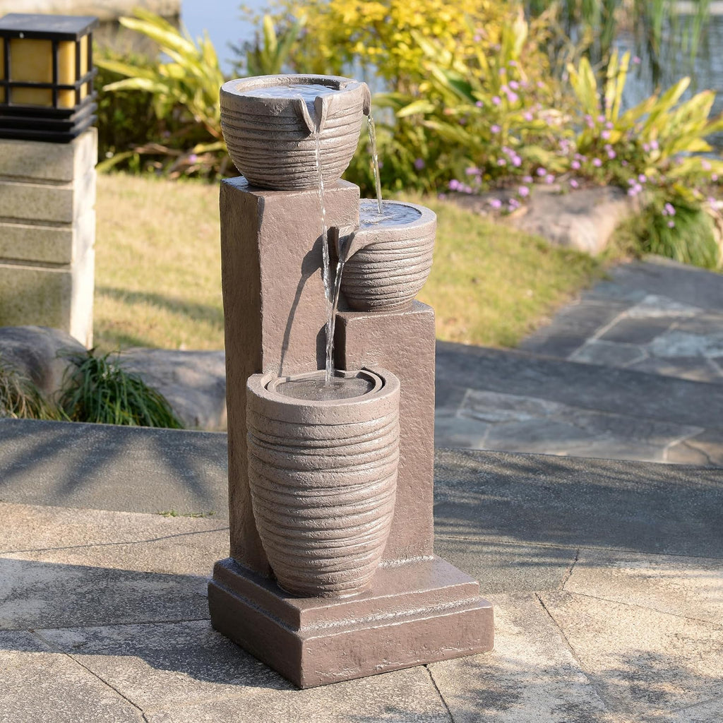 Teamson Home Horizontal Ribbed Pattern Outdoor Water Fountain–Warm Glow Lighting with Adjustable Flow & Electric Pump, Warm Gray