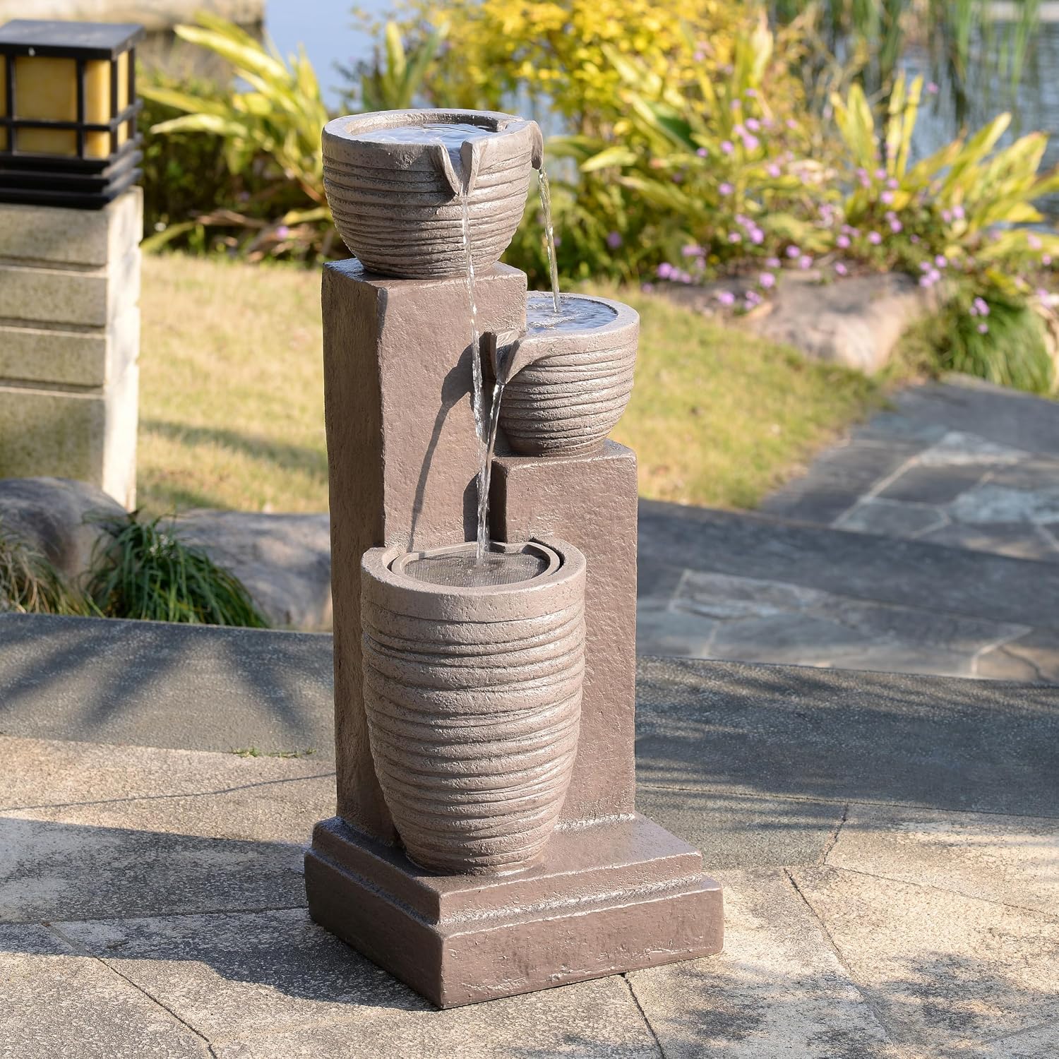 Teamson Home Horizontal Ribbed Pattern Outdoor Water Fountain–Warm Glow Lighting with Adjustable Flow & Electric Pump, Warm Gray