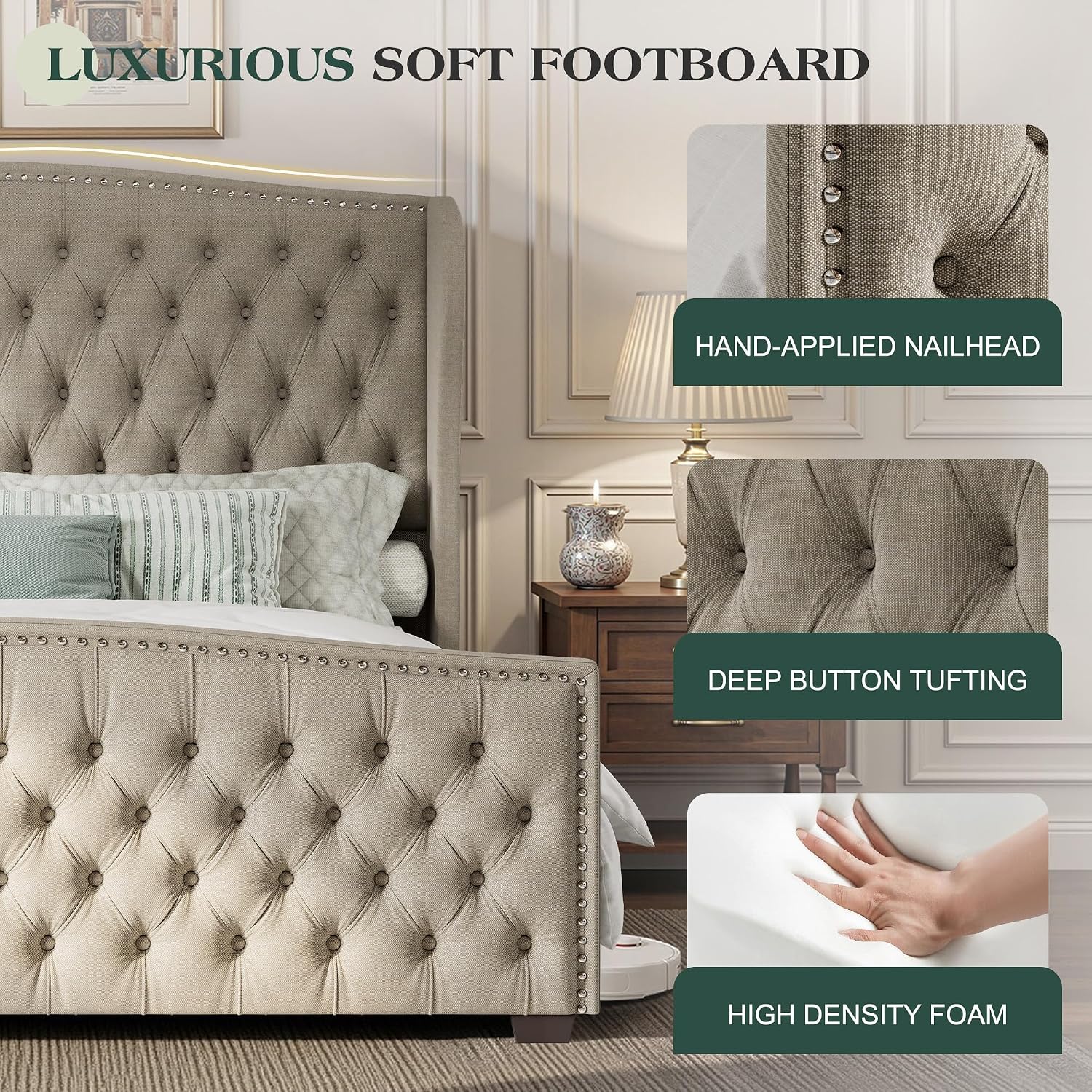 LUXOAK Queen Platform Bed Frame with Wingback Headboard, Velvet Upholstered Bed Frame with Handmade Button Tufted & Nailhead, Wooden Slats Support, Beige
