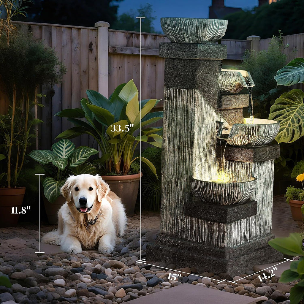 Outsunny 33.5' Tall Outdoor Water Fountain, 4-Tier Floor Standing Resin Cascading Bowls Waterfall Fountain with LED Lights, Pump for Garden, Patio, Backyard