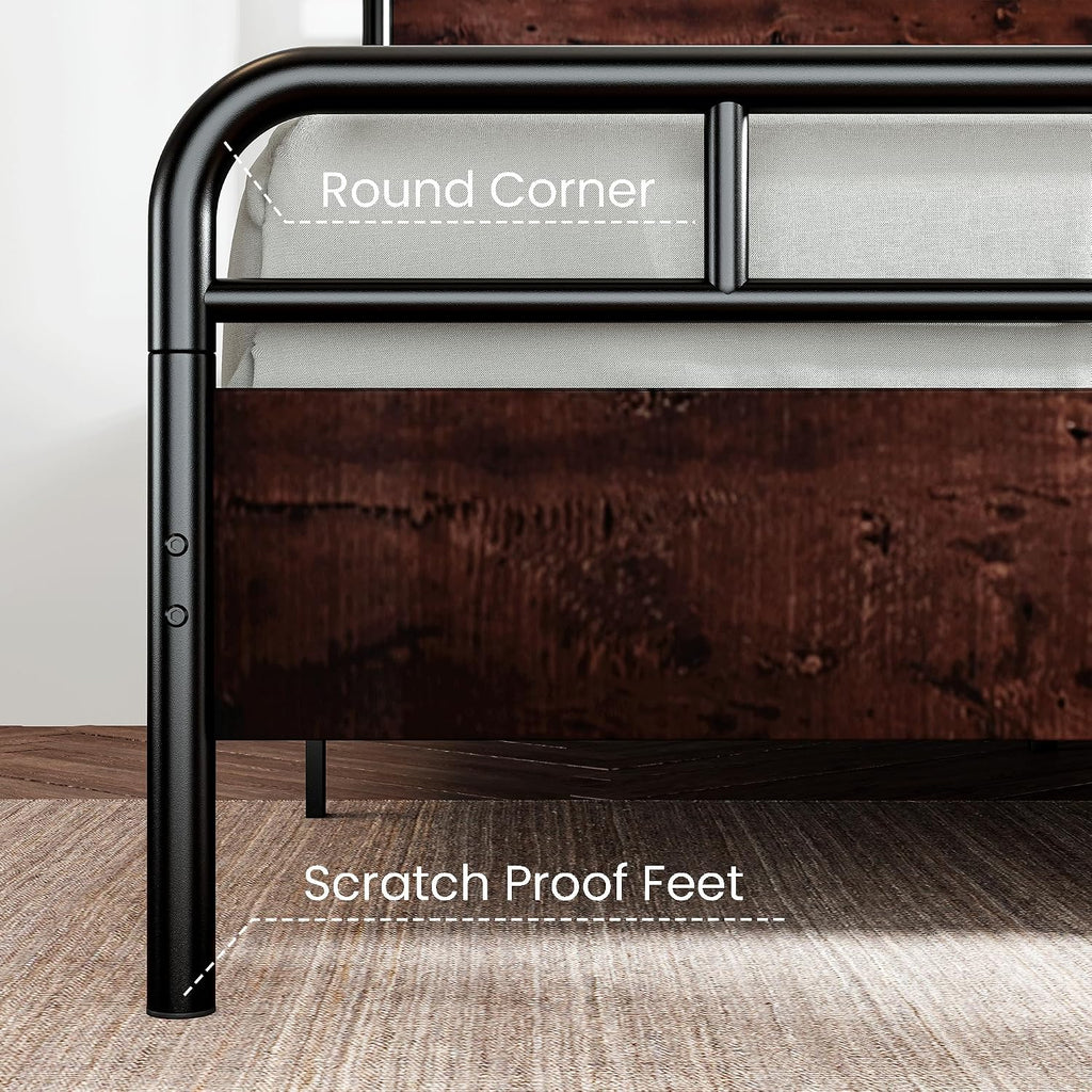 SHA CERLIN Queen Size Bed Frame with Wooden Headboard and Footboard, Rounded Corner Metal Structure, Heavy Duty Slats with Under-Bed Storage, No Box Spring Needed, Mahogany